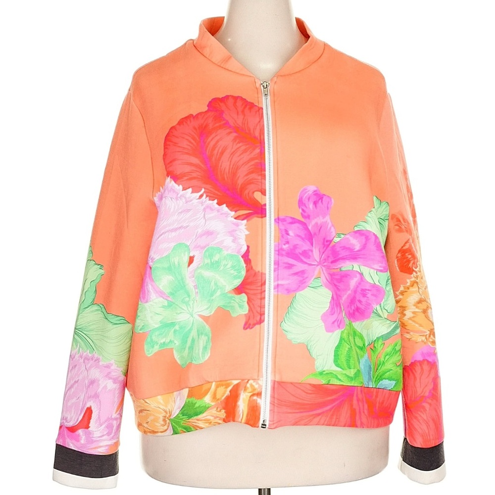 Vibrant Floral Bomber Jacket - Orange and Pink